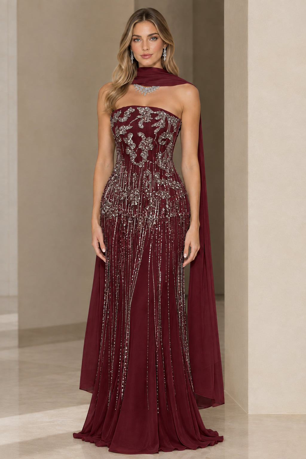 Burgundy wine strapless beaded fringe gala dress with draped scarf