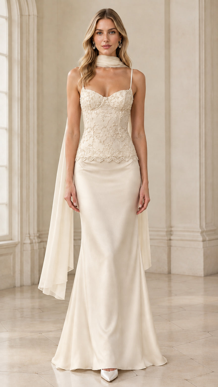 Model wearing champagne ivory beaded corset satin evening gown