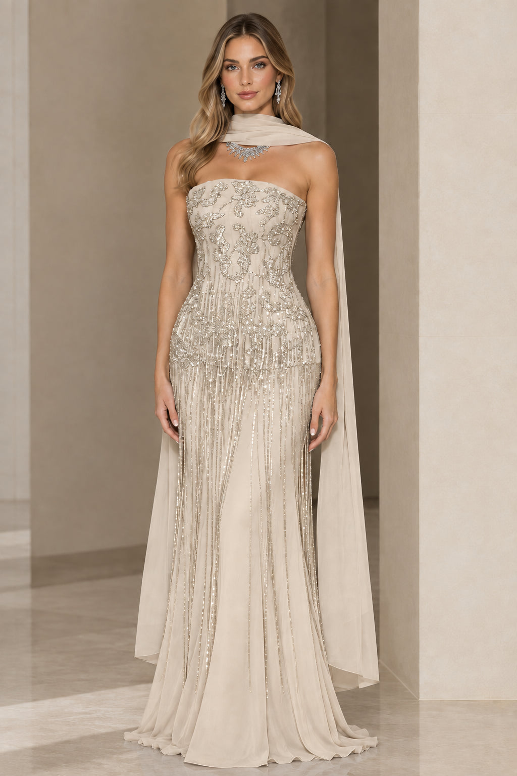Champagne beige strapless sequin fringe formal evening gown with scarf
