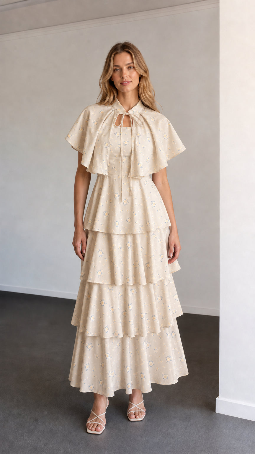 Full-length view of cream beige floral capelet tiered maxi dress