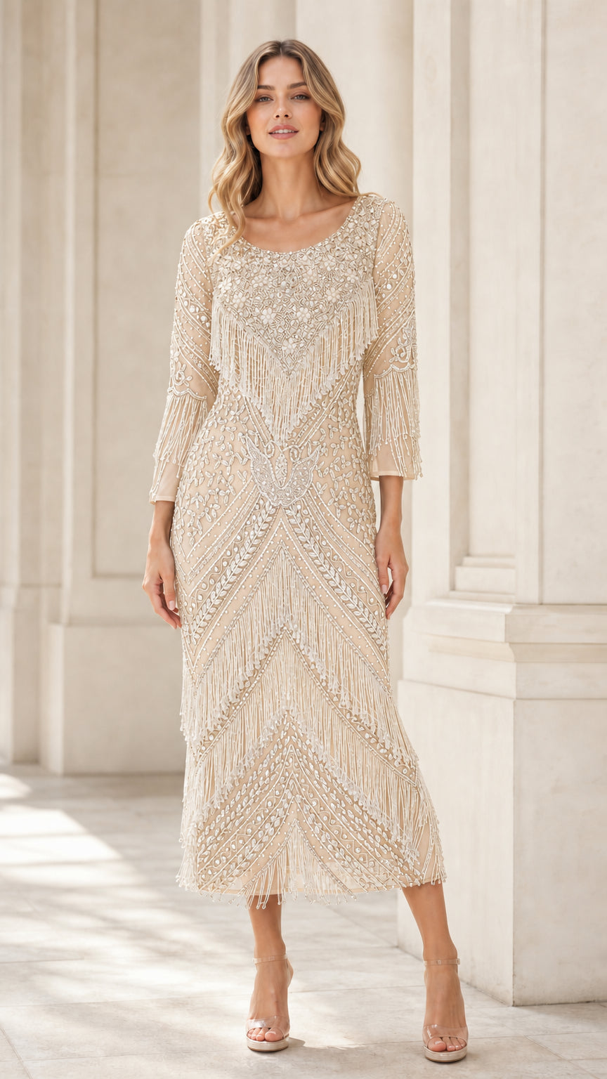Champagne cream sequin beaded flapper midi cocktail dress