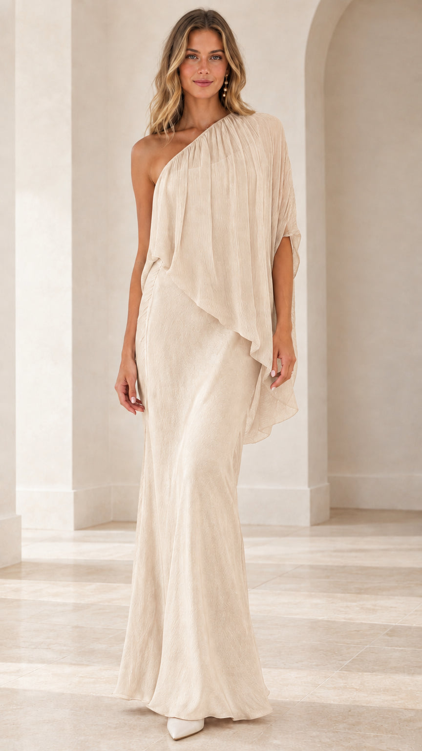 Model wearing champagne beige one-shoulder formal maxi dress