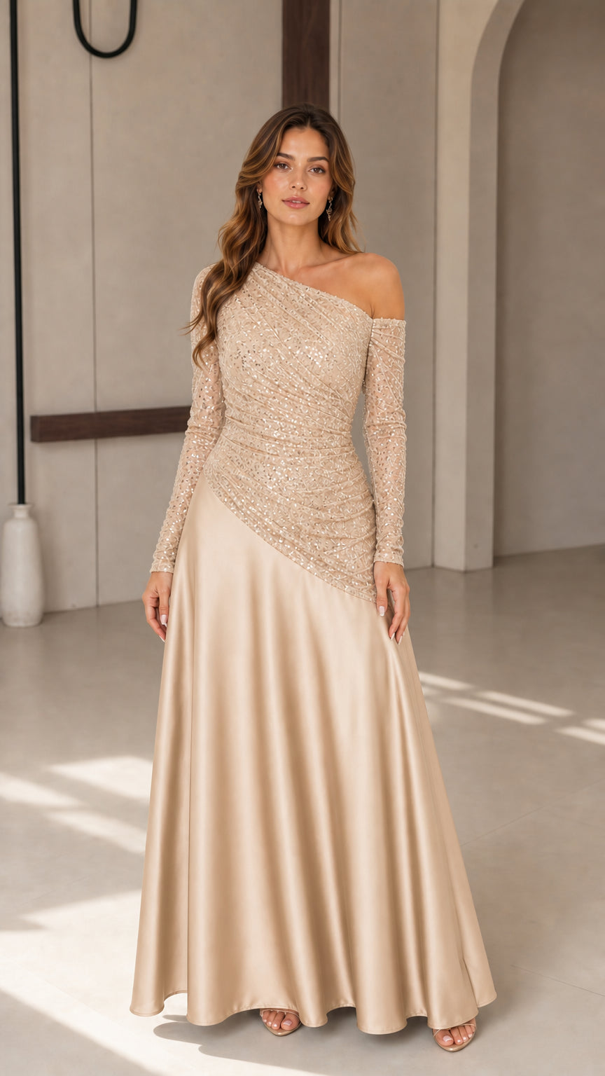 Model wearing champagne gold one-shoulder sequin satin maxi dress