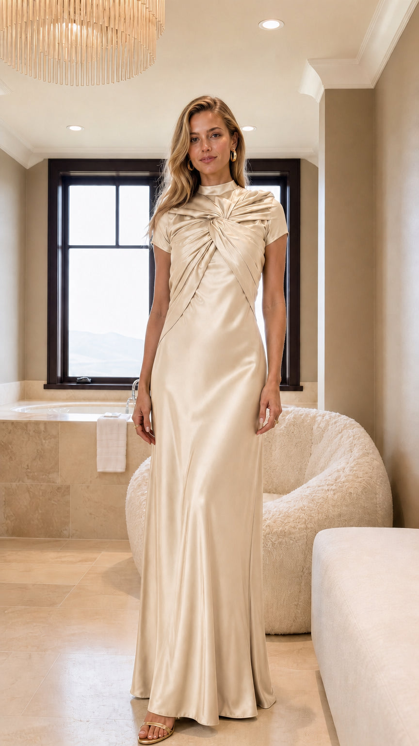 Champagne cream high neck twist front satin maxi dress
