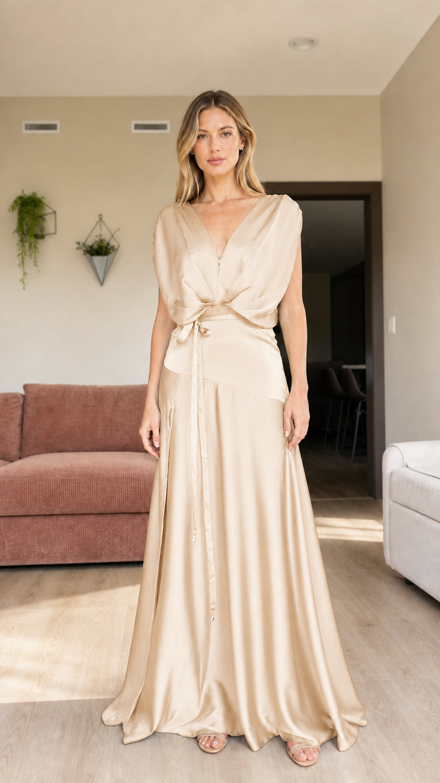 Front view of woman wearing champagne beige draped satin formal evening gown