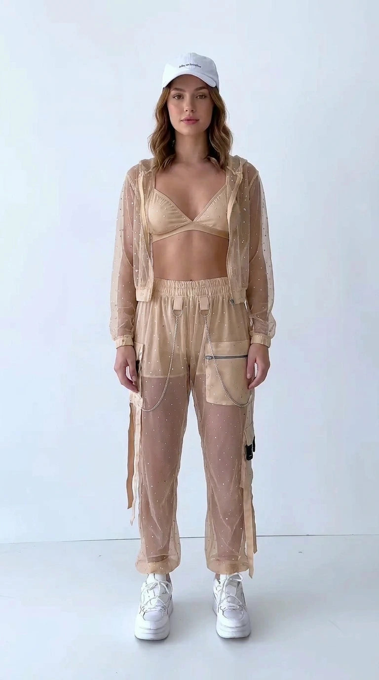 Champagne nude sheer mesh sparkle festival two-piece set