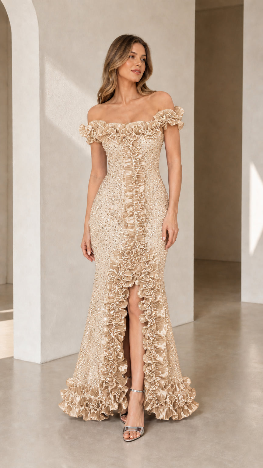 Champagne gold off-the-shoulder sequin mermaid evening gown with ruffle trim