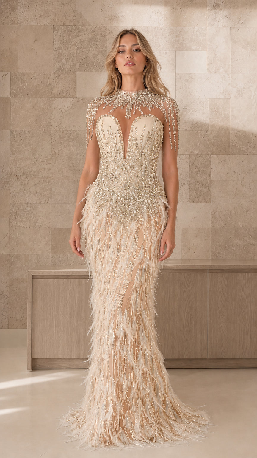 Front view of champagne beaded illusion feather evening gown