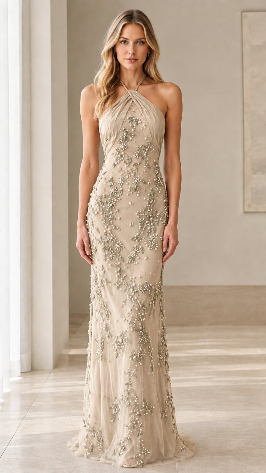 Model wearing Champagne beige beaded halter formal evening dress