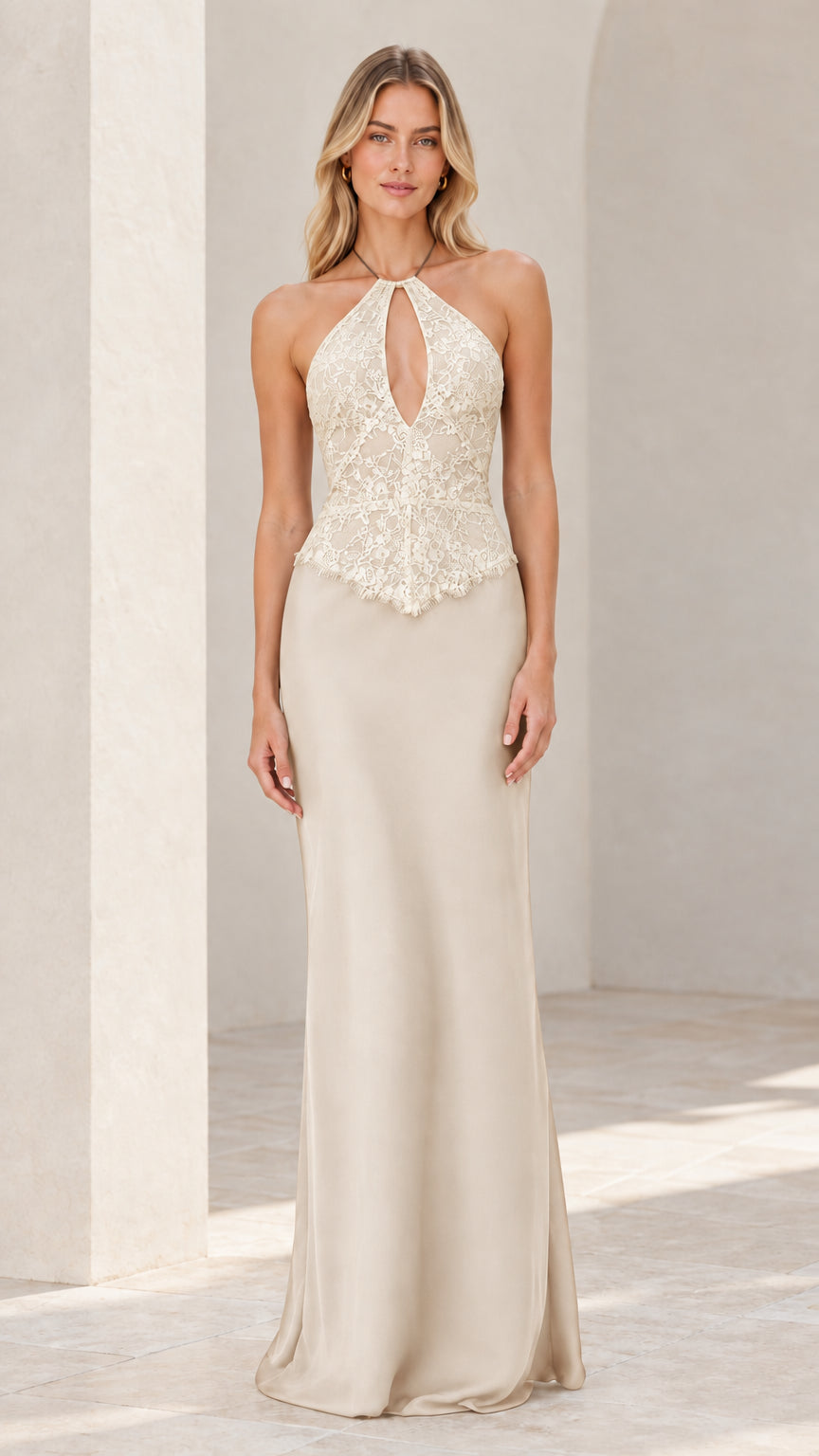 Model wearing Champagne Ivory lace bodice halter maxi dress