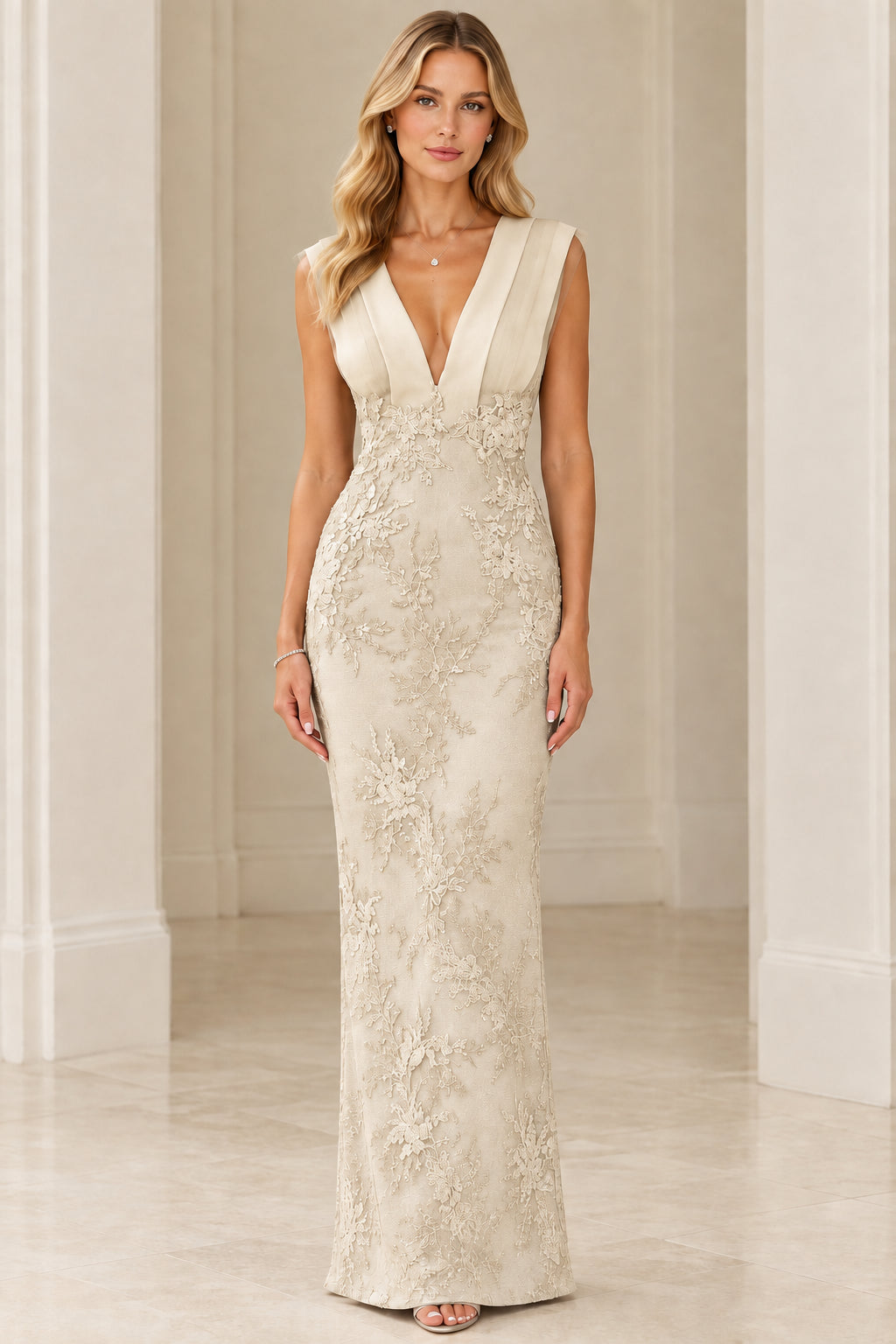 Front full view of Champagne pleated V-neck floral lace maxi dress