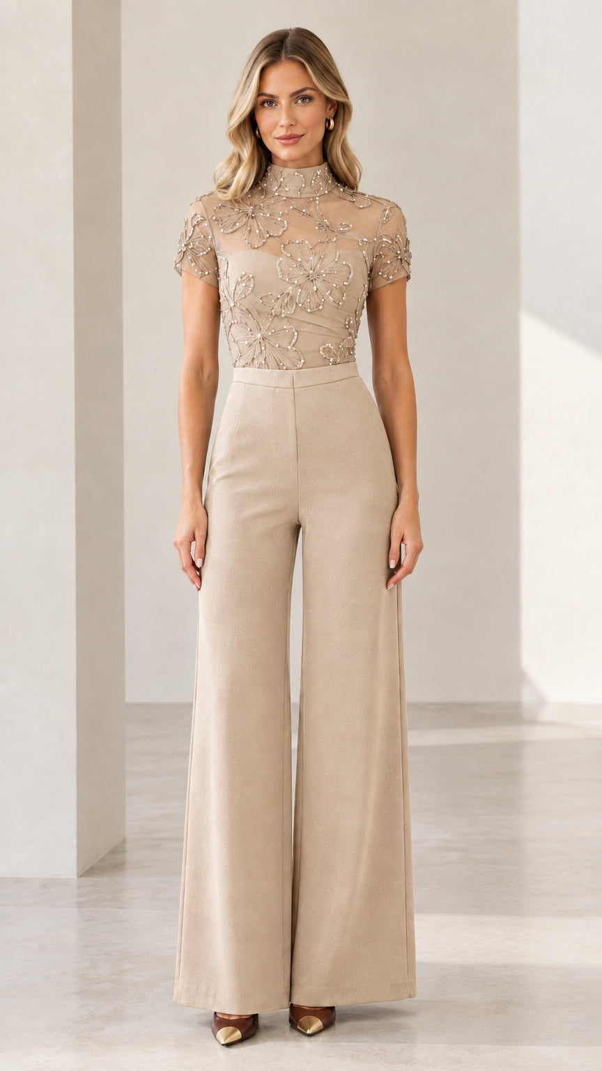 Champagne beige sequin embroidered mock neck wide-leg jumpsuit