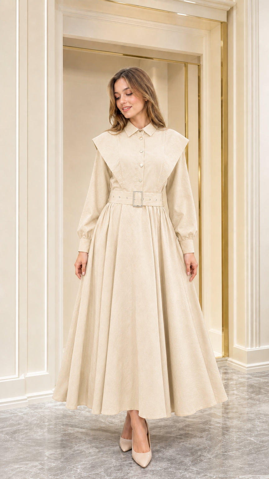 Front view of beige cream capelet collar belted long sleeve maxi dress