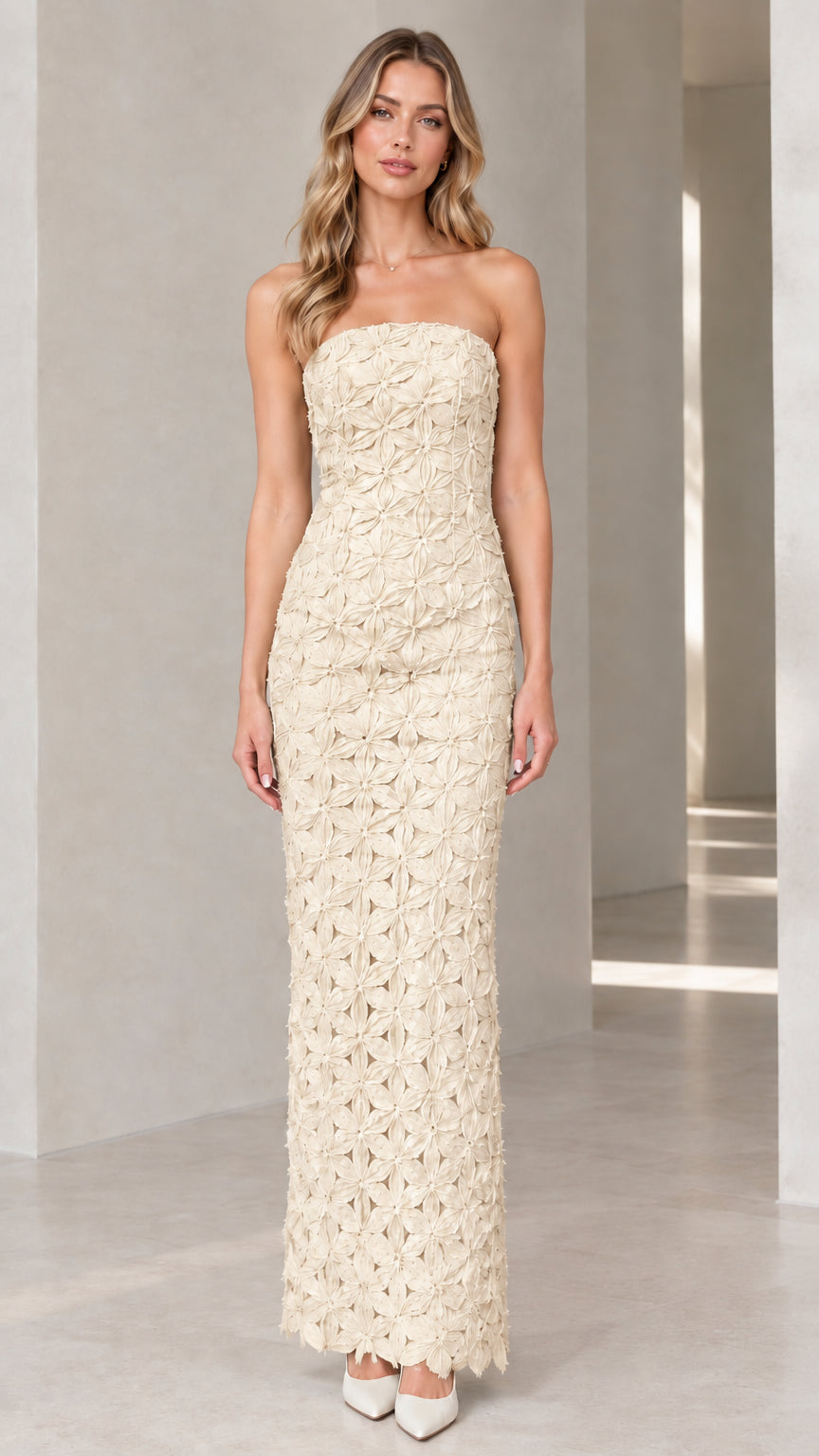 Full-length front view of ivory strapless 3D floral textured maxi dress