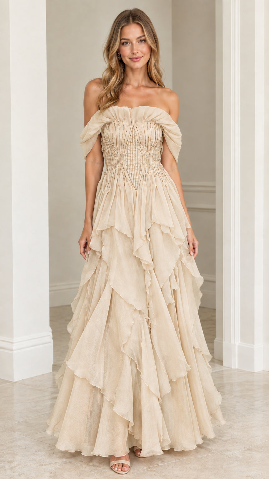 Front view of model wearing Champagne off-the-shoulder tiered ruffle maxi gown