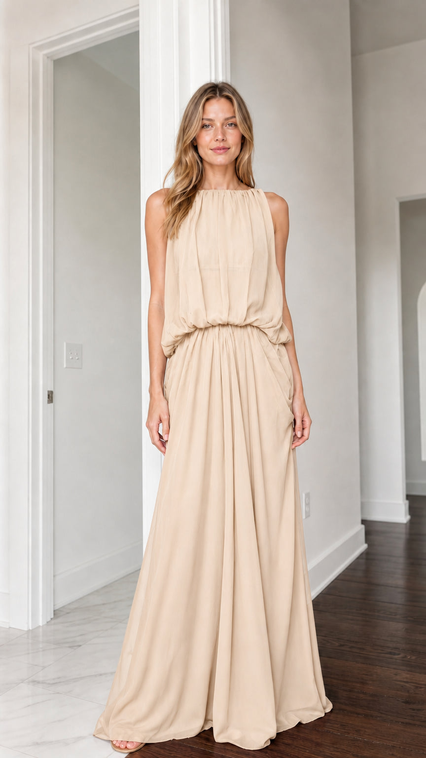 Front view of woman wearing beige cream sleeveless high neck maxi dress