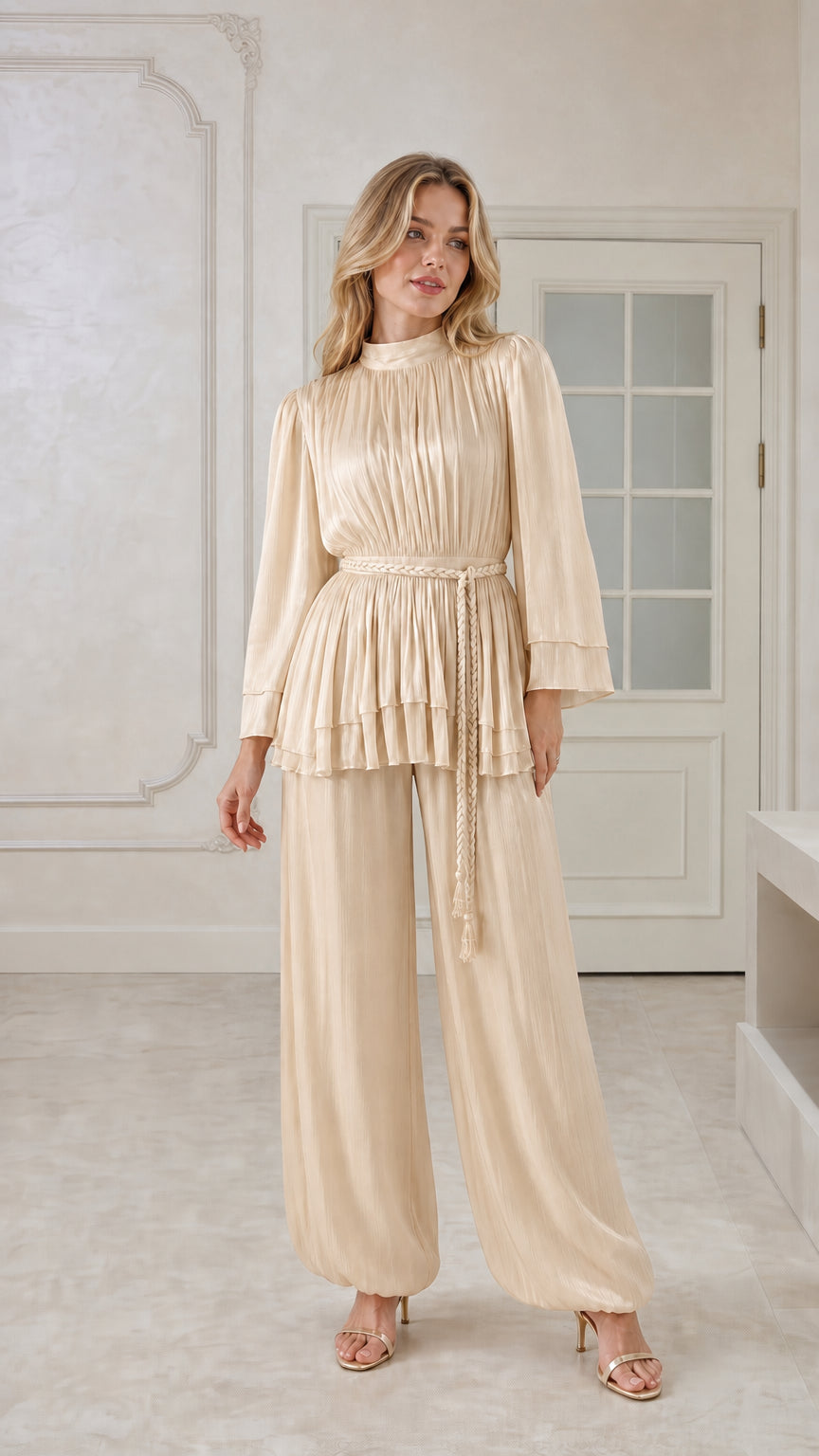 Champagne beige shimmering pleated two-piece tunic and pants set