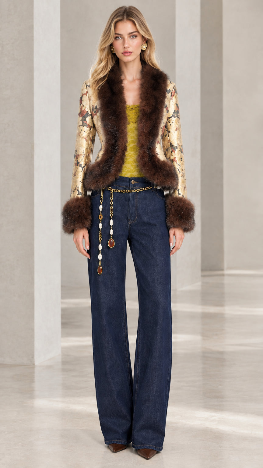 Full front view of gold metallic jacquard blazer with plush faux fur trim