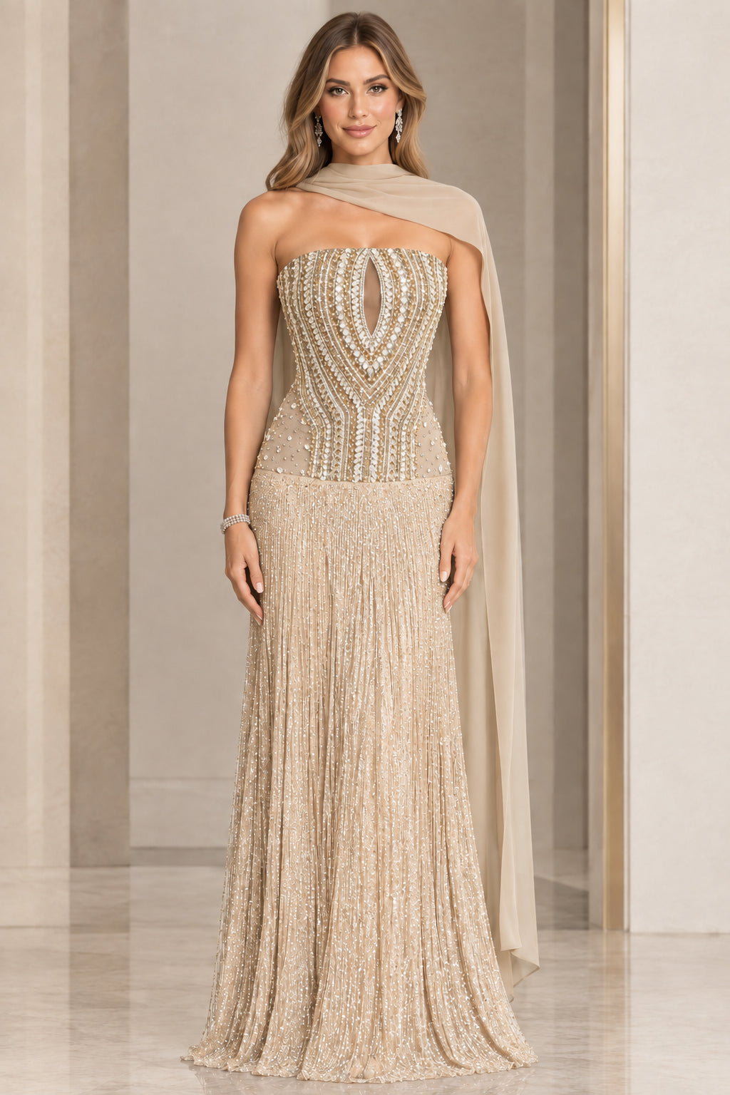 Champagne strapless beaded evening dress with graceful shoulder drape