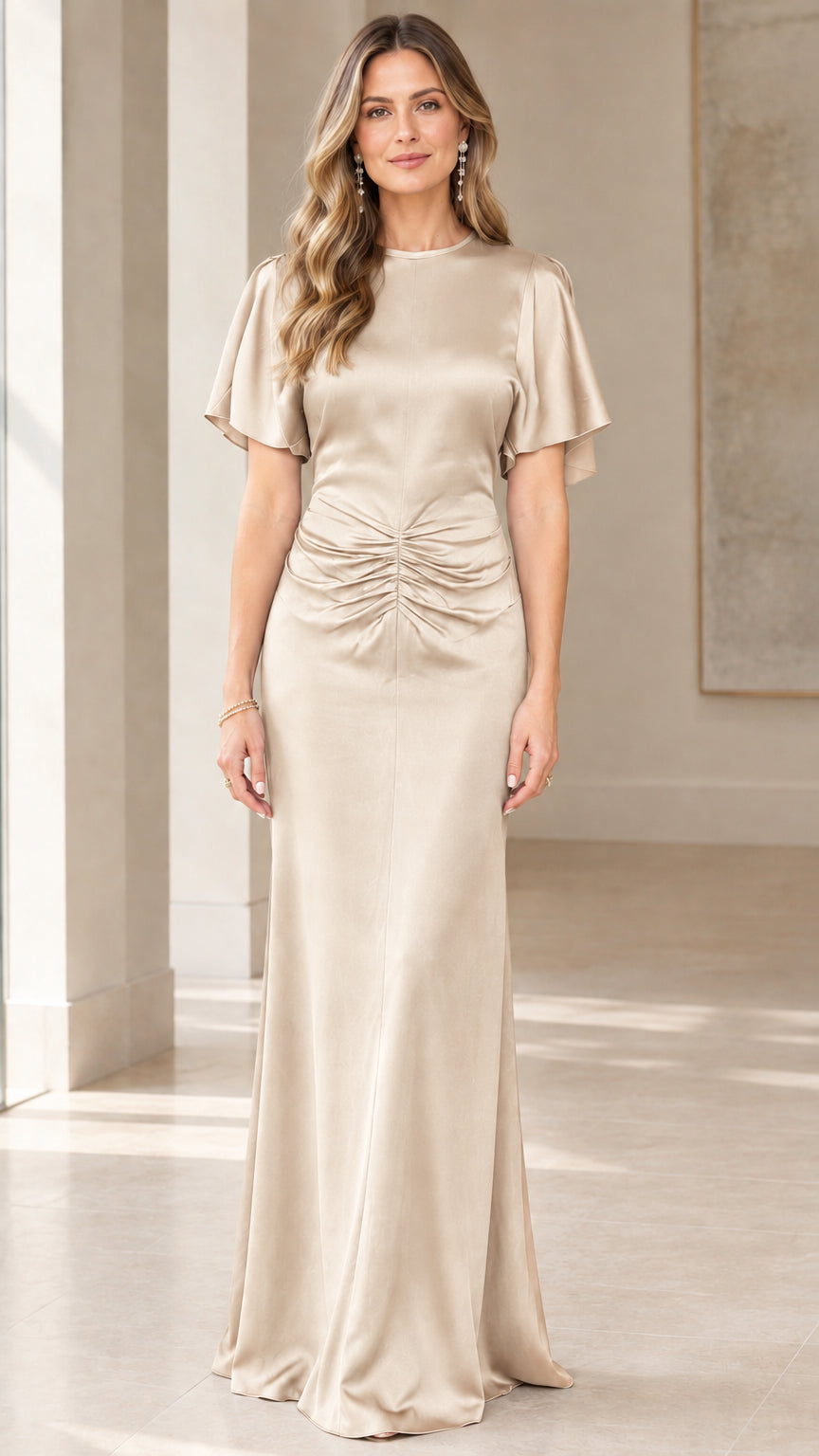 Model wearing neutral Champagne satin flutter sleeve maxi dress for weddings