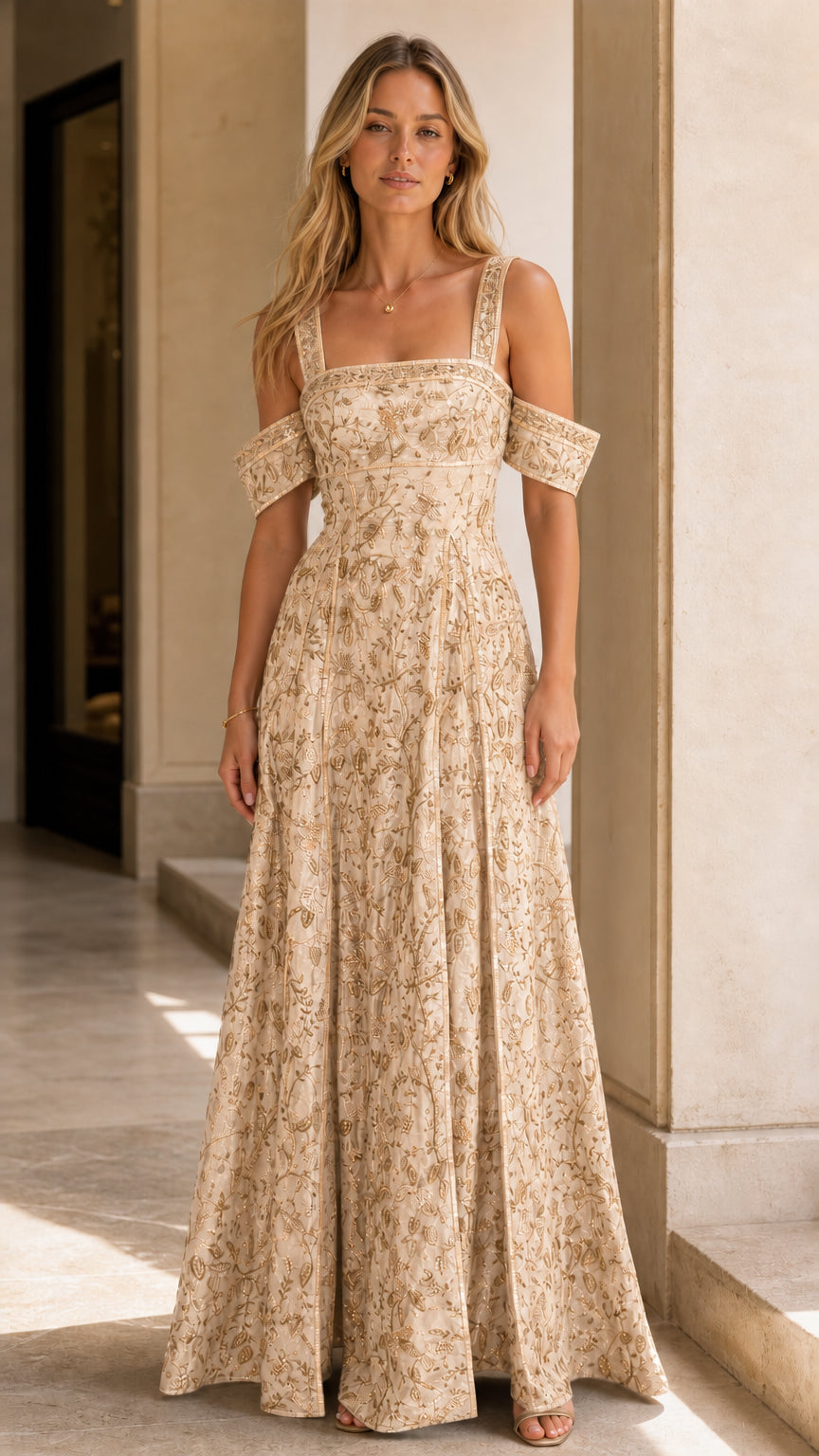 Model wearing champagne ivory embroidered cold-shoulder evening maxi dress