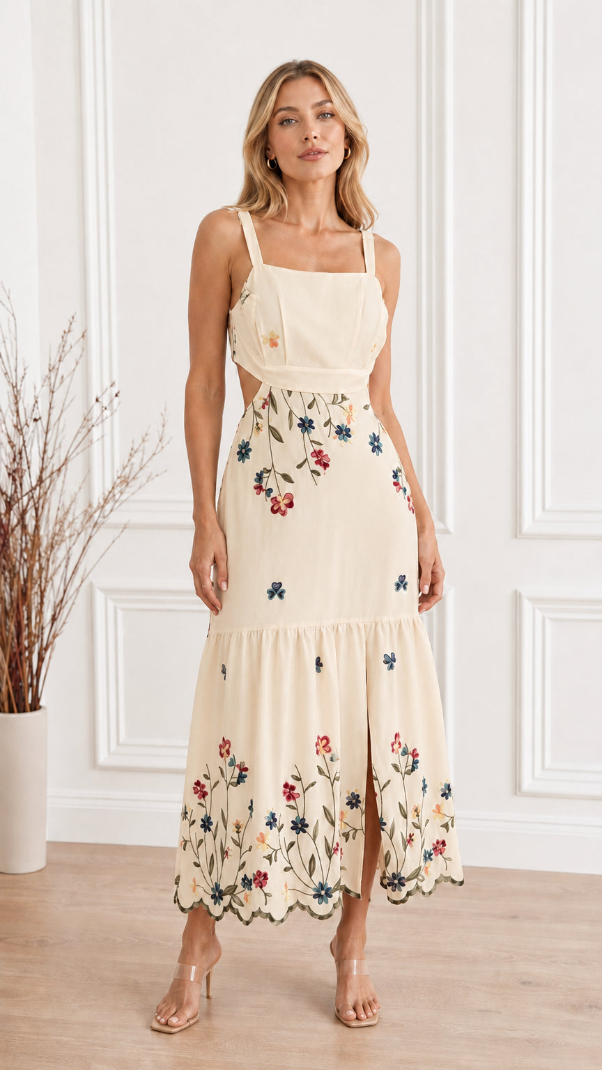 Front view of Cream Floral Embroidered Cutout Square Neck Maxi Dress