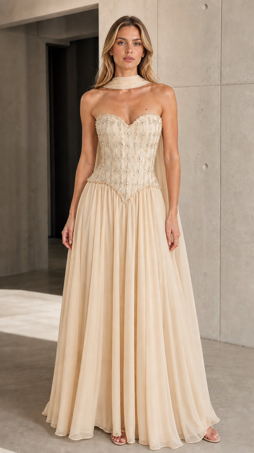 Model wearing Champagne beige strapless beaded bodice chiffon ballgown