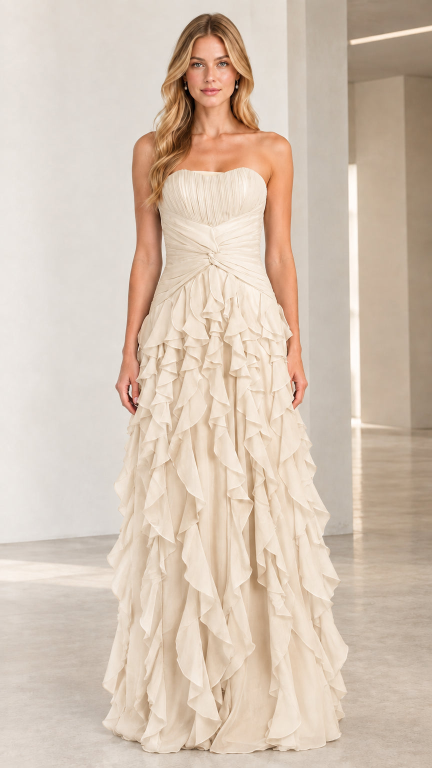 Full-length front view of champagne beige strapless tiered ruffle formal gown