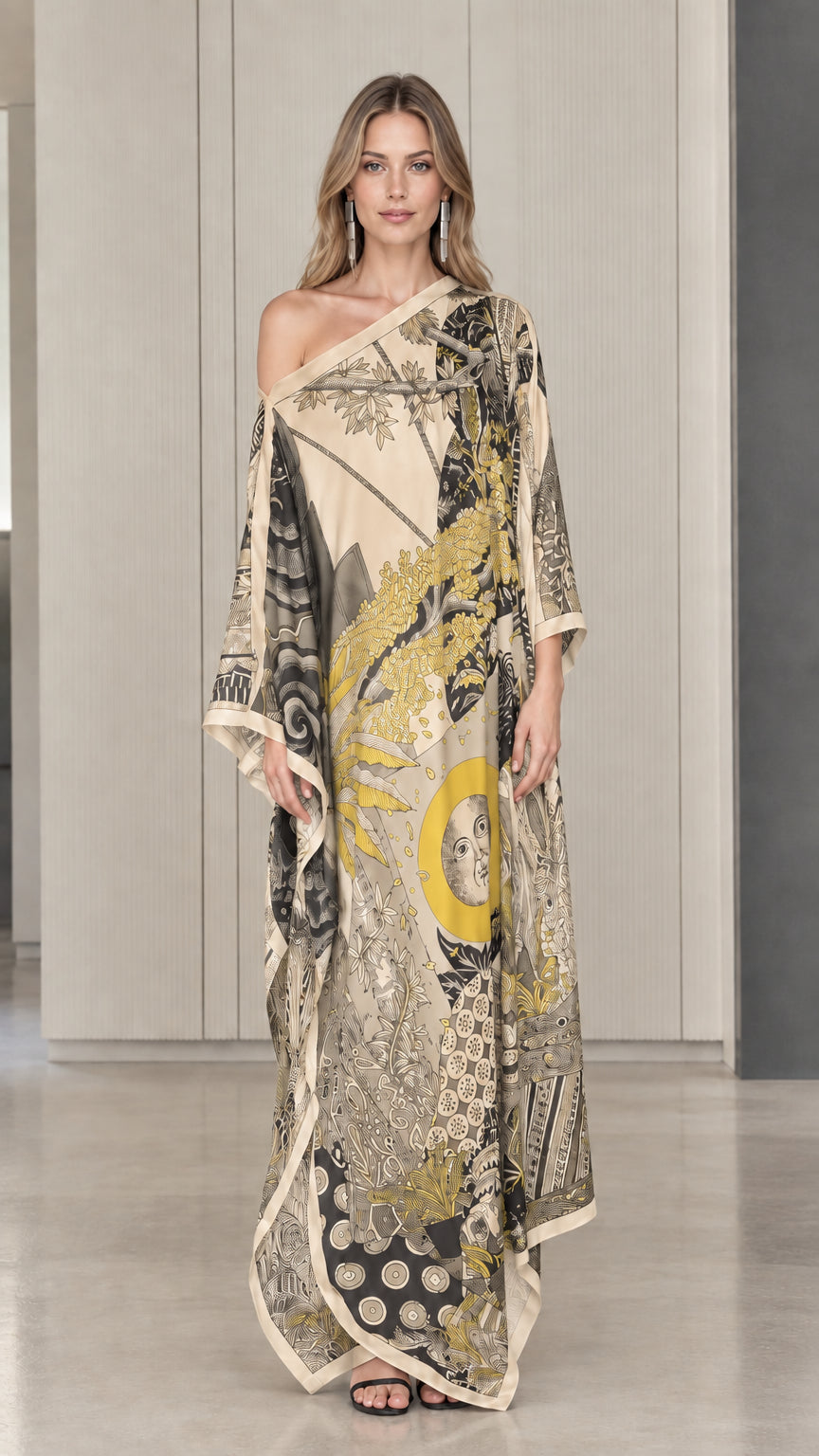 Champagne beige one-shoulder printed kaftan maxi dress