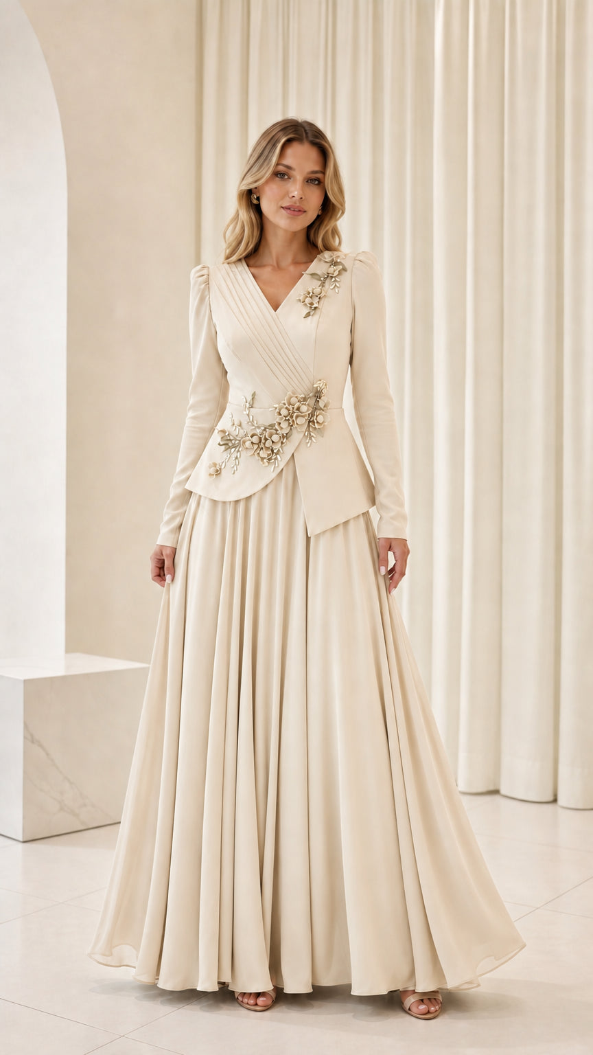 Front view of woman wearing champagne cream floral beaded peplum evening maxi dress