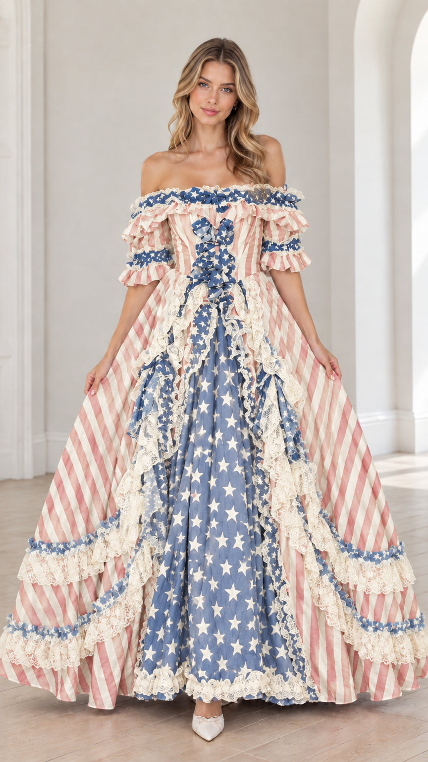 Full-length front view of vintage muted blue and pink patriotic ball gown