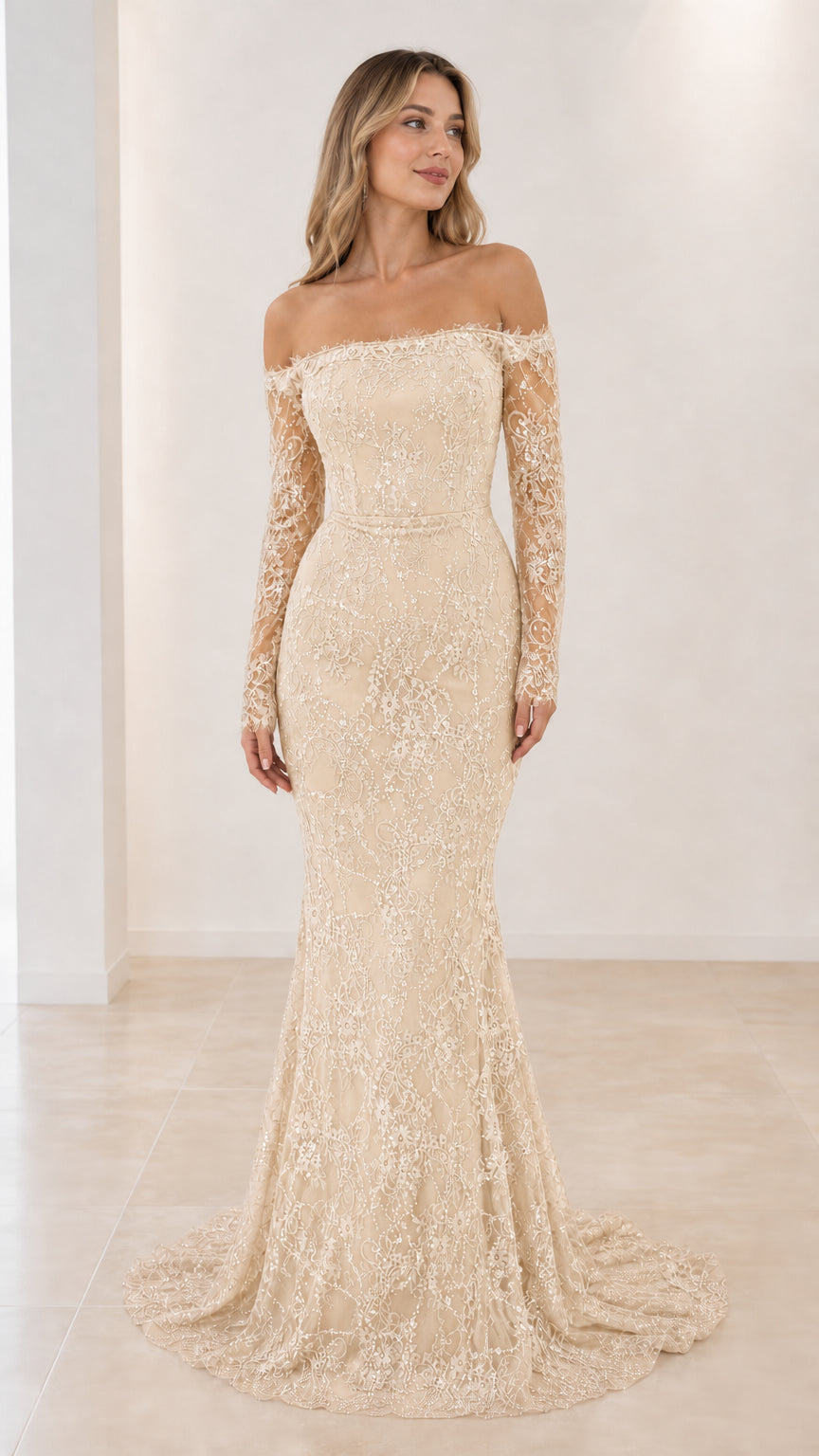 Model wearing Champagne gold sequin lace long sleeve formal mermaid dress
