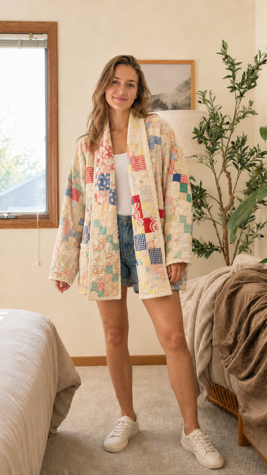 Front full-length view of woman wearing Beige Multi floral patchwork quilted coat