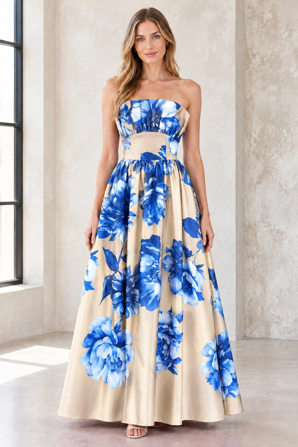 Full-length view of champagne beige strapless floral satin maxi gown
