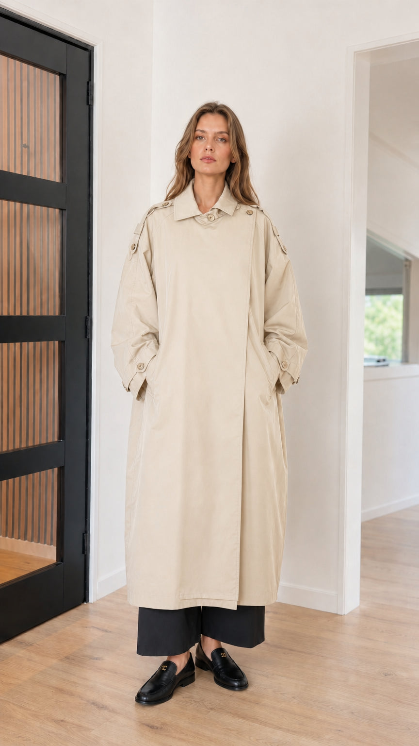 Front full view of woman wearing beige cream oversized maxi trench coat