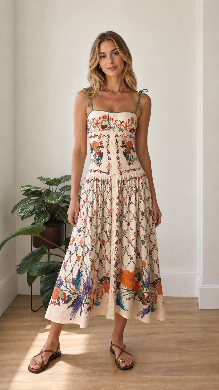 Model wearing warm beige botanical print tie-shoulder midi dress