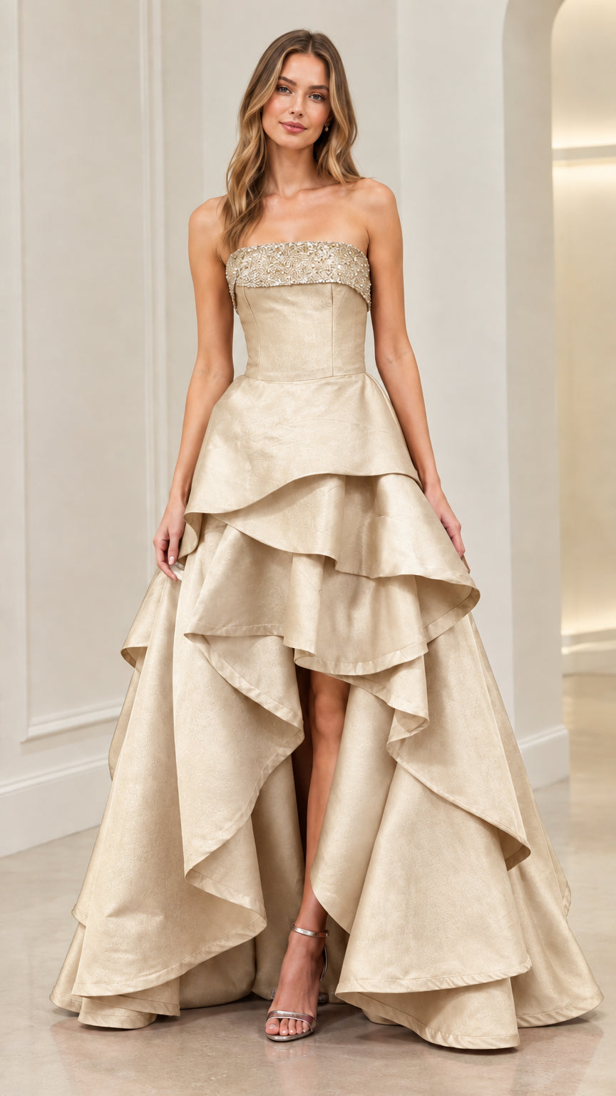 Front view of model wearing Champagne strapless tiered high-low evening dress