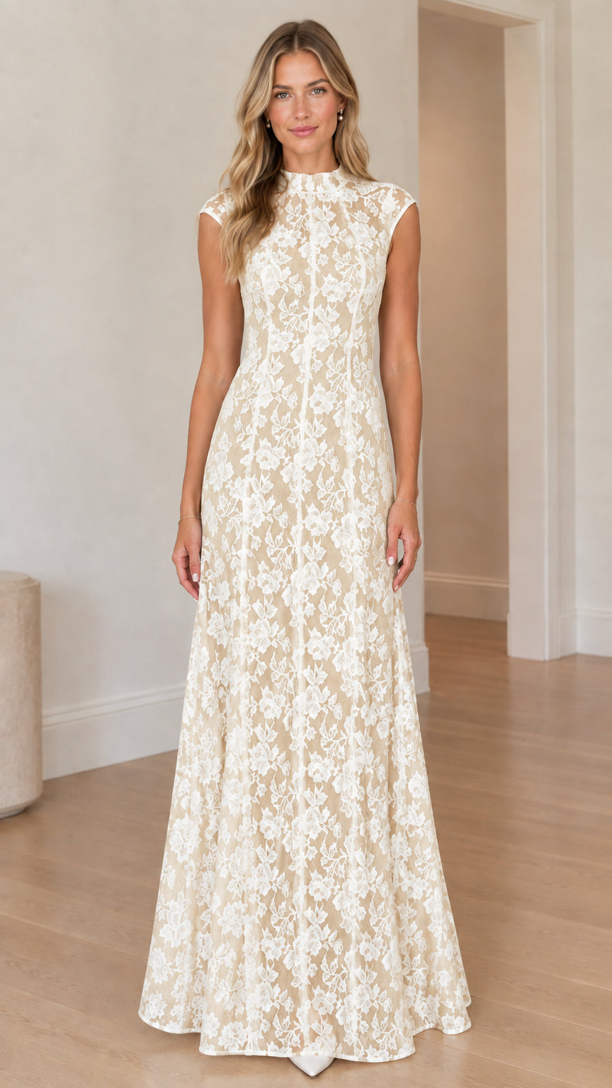 Model wearing champagne high neck floral lace sleeveless maxi dress