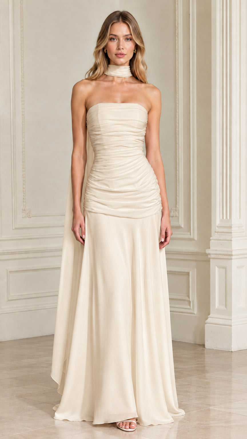 Champagne beige strapless ruched floor-length formal dress