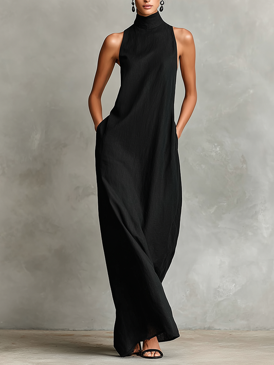 Women's Black Linen-Blend Maxi Dress With High Neck & Side Pockets, Timeless Minimalist Casual Dress MDZ2597D7LYL