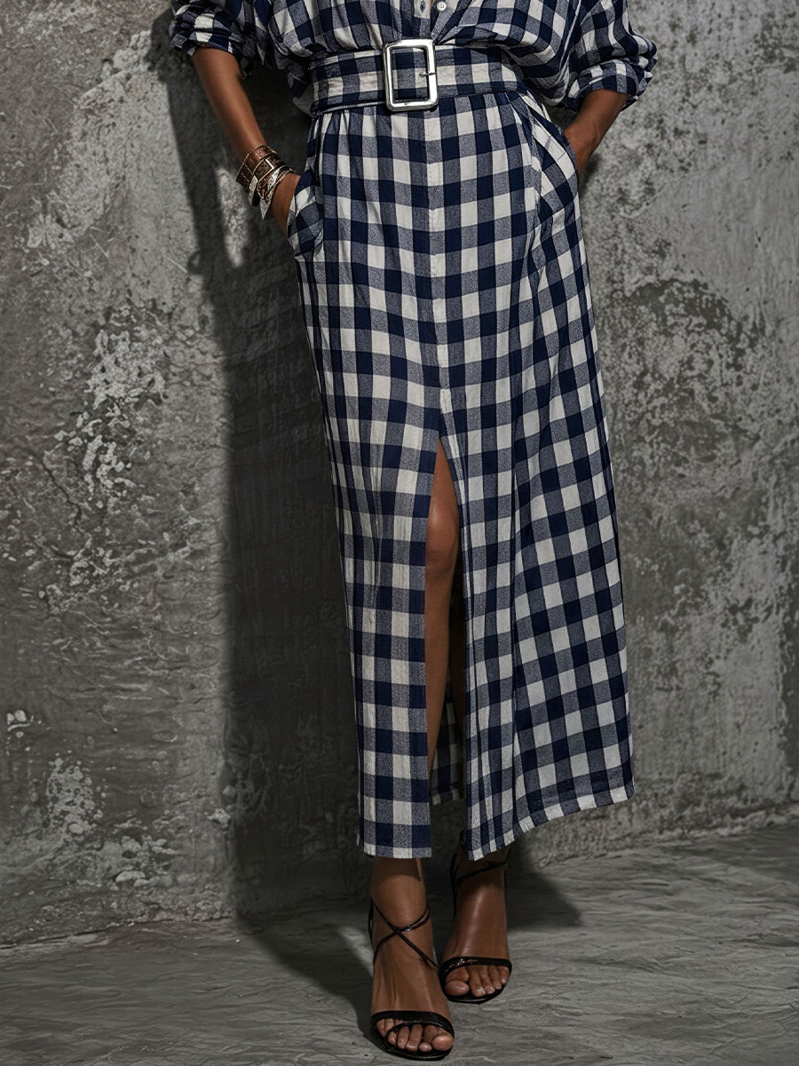 Women's Casual Commuter Style Blue And White Plaid Cotton Belted Front Slit Maxi Shirt Dress MDZ2982D6GMJ