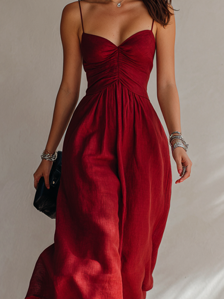 Women’s Minimalist Linen-Blend Ruched Spaghetti Strap Midi Dress MDZ2166E9ZRK