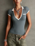 Blue Ribbed Knit Top With Contrast Collar And Deep V-Neck