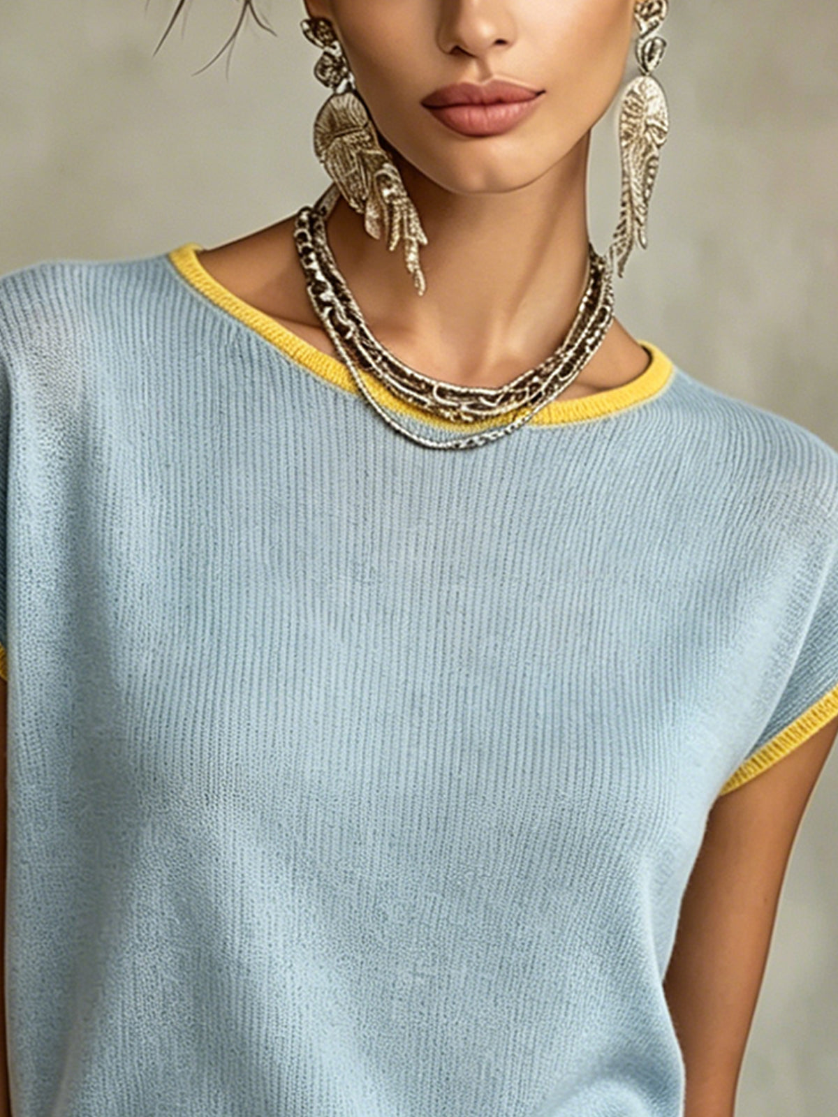 Sky Blue Knit Top with Yellow Trim