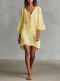 Women's Pale Yellow Flowy Linen Hooded Dress With Three Quarter Fringe Sleeves & Relaxed Fit, Contemporary Versatile Summer Dress MDZ1535F7LYL