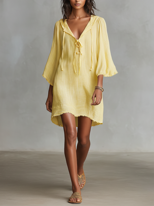 Women's Pale Yellow Flowy Linen Hooded Dress With Three Quarter Fringe Sleeves & Relaxed Fit, Contemporary Versatile Summer Dress MDZ1535F7LYL