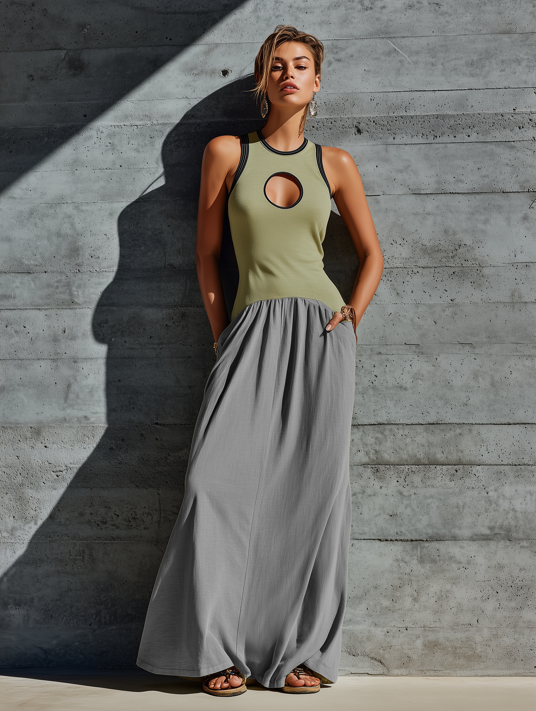 Women’s Color Block Sleeveless Tank Maxi Dress, Front Cutout Contrast Binding Waist Gathered Side Pocket Long Dress MDZ1530F8T