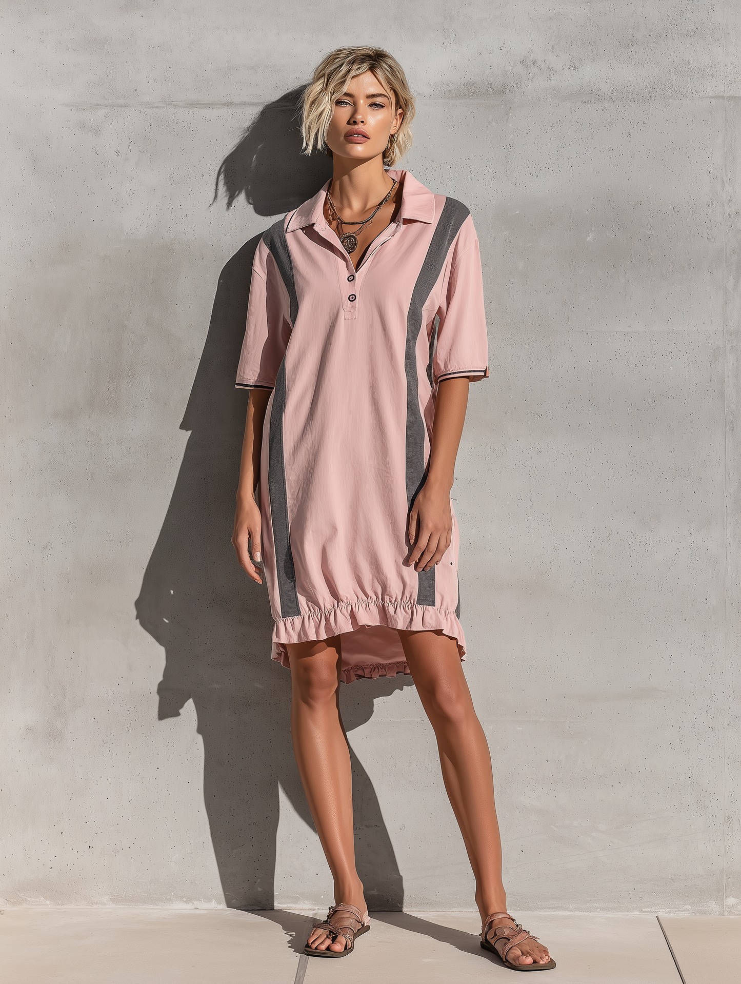 Women’s Dusty Pink Color Block Stripe Polo Collar Half Button Short Sleeve High Low Ruffle Hem Mini Dress MDZ1712F7T