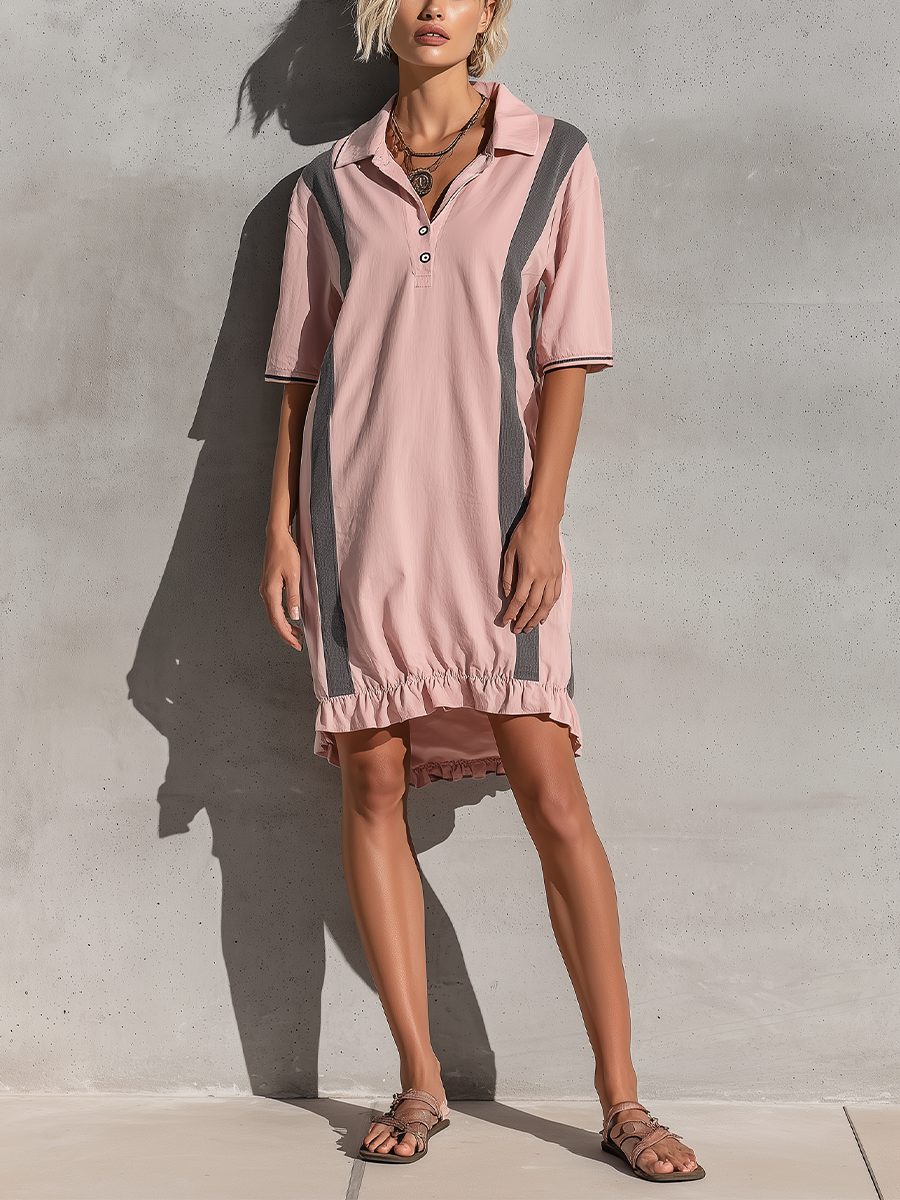Women’s Dusty Pink Color Block Stripe Polo Collar Half Button Short Sleeve High Low Ruffle Hem Mini Dress MDZ1712F7T