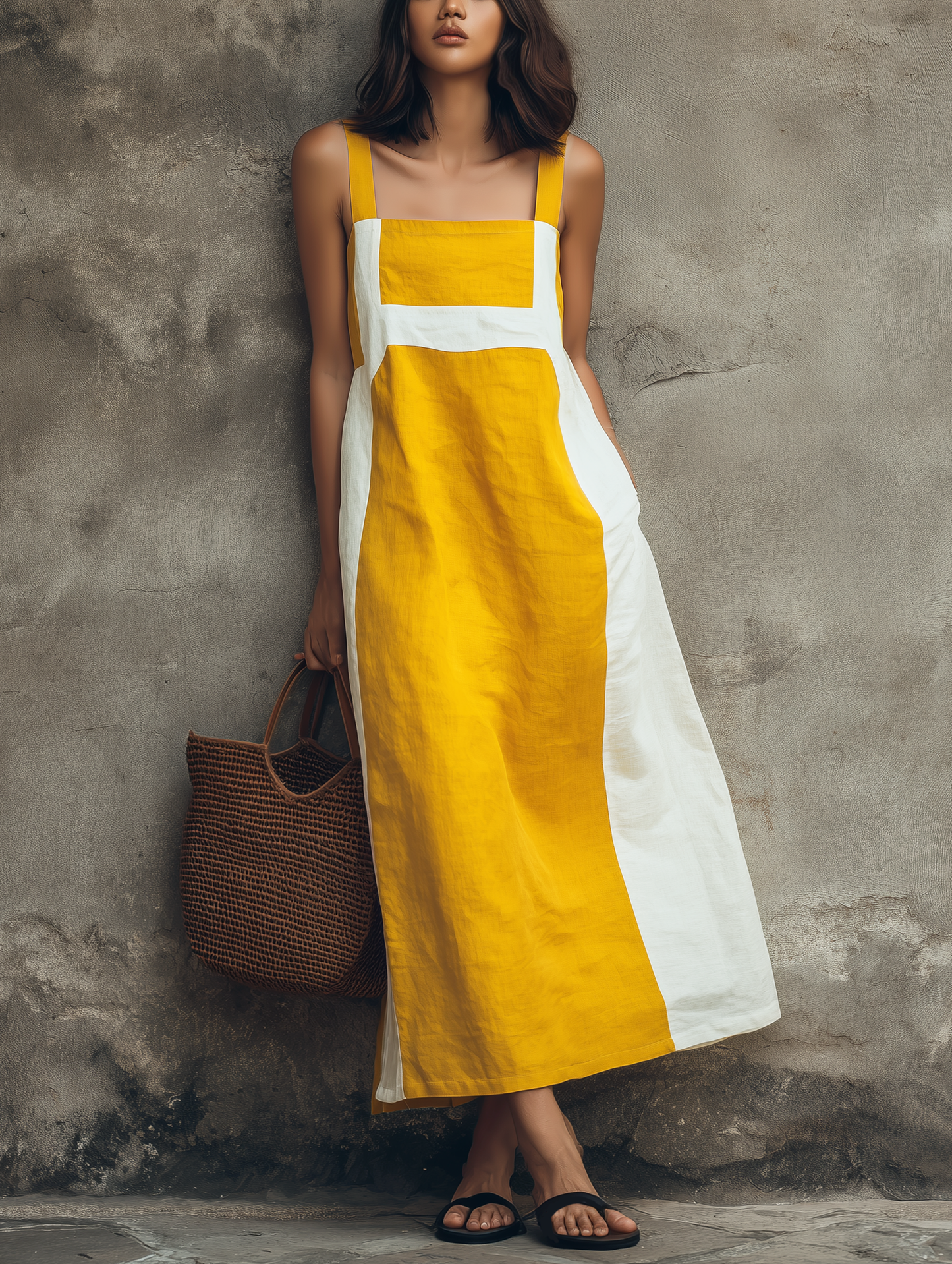 Women's Casual Yellow And White Color-block Cotton-linen Sleeveless Maxi Dress With Straps MDZ1781F9LXY